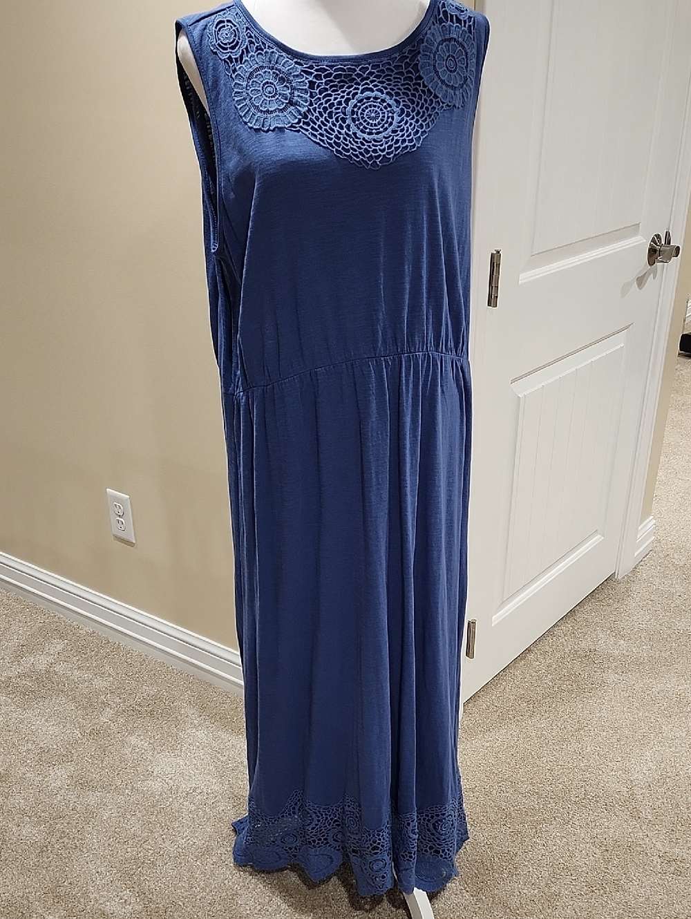Chico's Sleeveless Crochet-Trim Maxi Dress in Blue